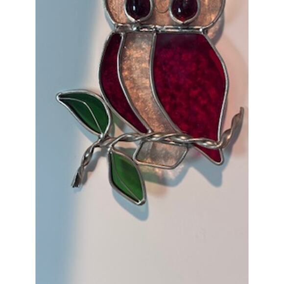 Vintage Owl Stained Glass Sun Catchers Red Silver Green 8"x5" Home Decor - Picture 6 of 8